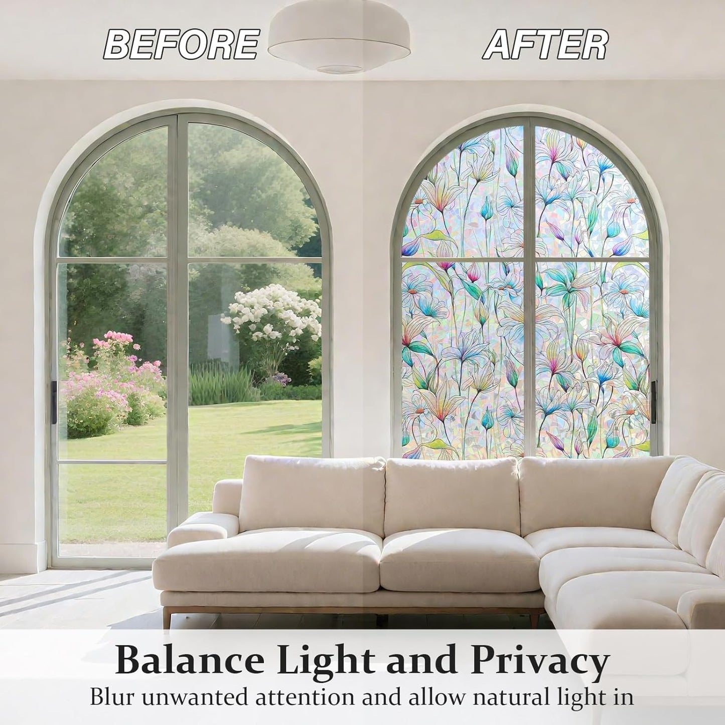 Donox Decorative Window Privacy Film, 3D Floral Stained Glass Window Film Static Cling Rainbow Privacy Sticker for Glass Door Heat Control Anti UV, No Adhesive (Magnolia,17.5 x 78.7 inches)