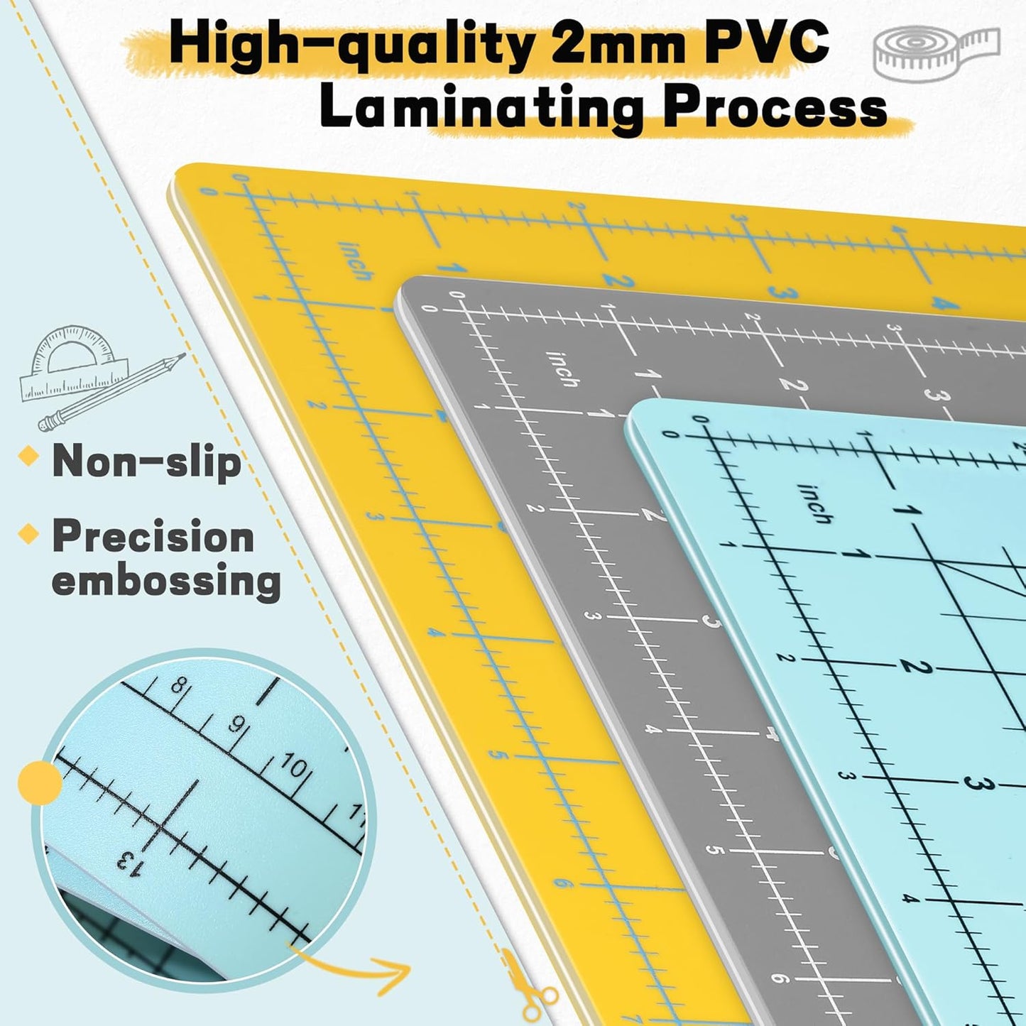 Premium Idemeet Self Healing Cutting Mat 18'' x 12'', A3 Non-slip Sewing Mat for Quilting, 5-Ply Rotary Cutting Board Double-Sided for Crafts Cutting Fabric Scrapbooking Modeling Projects, Aqua Blue