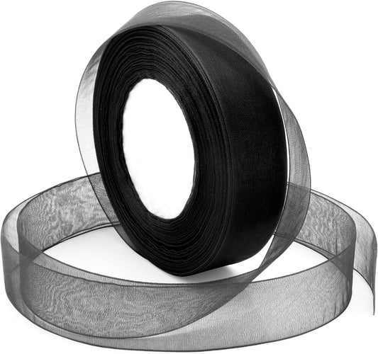 Black Ribbon for Gifts Wrapping, 1 inch 50Yard Sheer Organza Ribbon, Gift Wrap Chiffon Ribbons for Halloween, Fathers Day, Wedding, Party Decoration, Hair, Crafts, Flower Bouquet