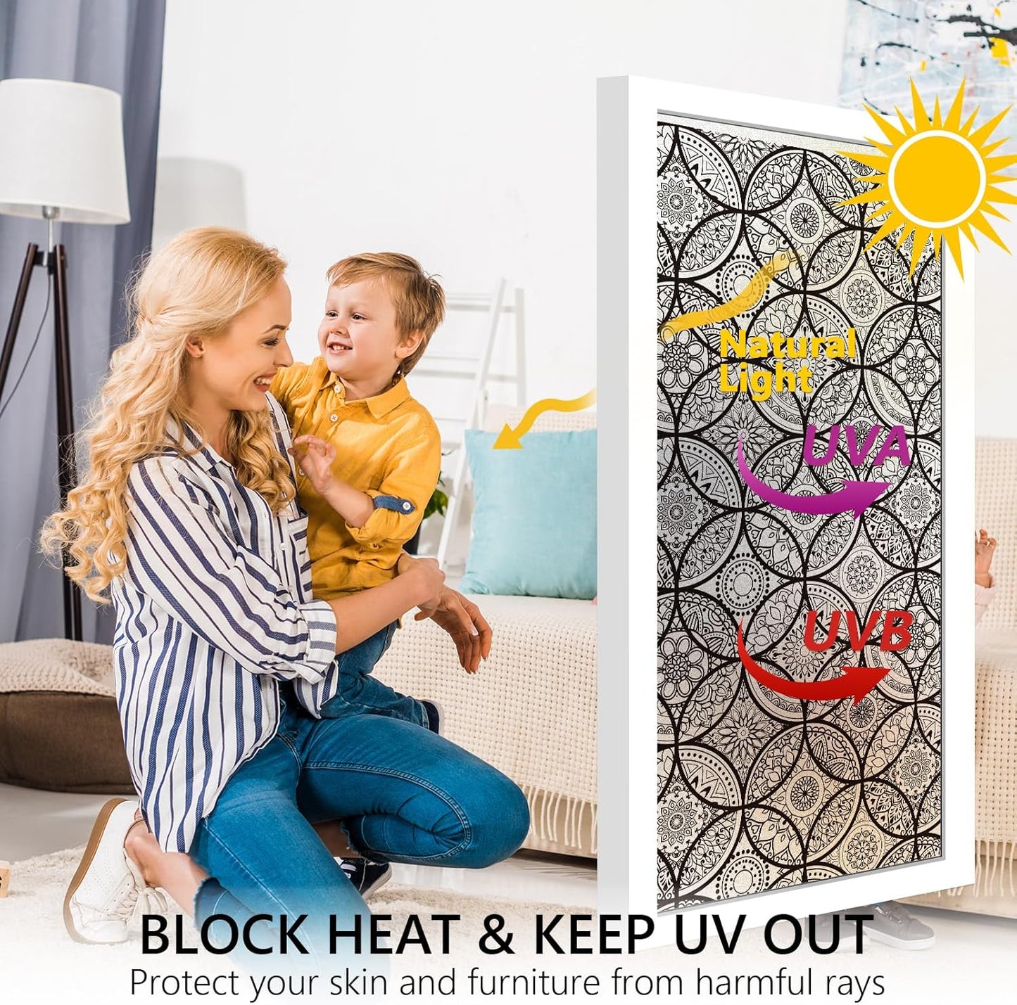 DKTIE Boho Stained Glass Look Window Privacy Film with Installation Tools, Decorative Frosted Glass Window Film Static Cling No Glue Removable, Pure Black, 17.7" x 78.7"