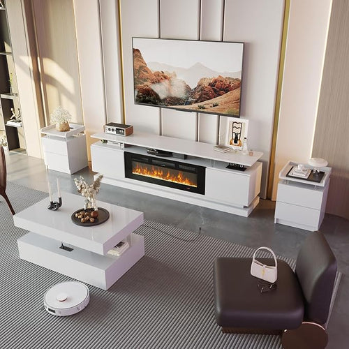 4-Piece Modern Living Room Table Set, Includes High Gloss 70" Fireplace TV Stand - Image 2