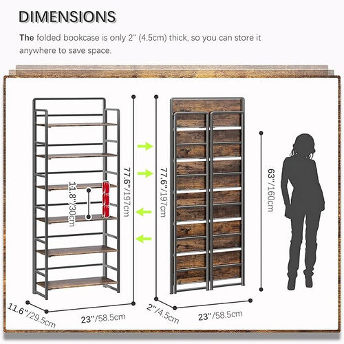 4NM No Assembly 6 Tiers Folding Bookshelf Storage Shelves Vintage Bookcase - Image 2