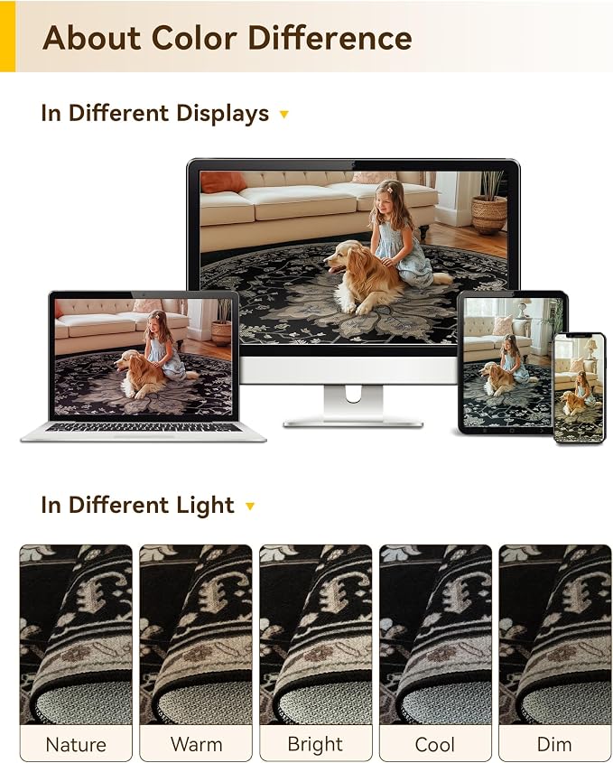RELEANY Area Rugs Round 5ft Washable Non-Slip, Floral Vintage Distress Print - Image 6