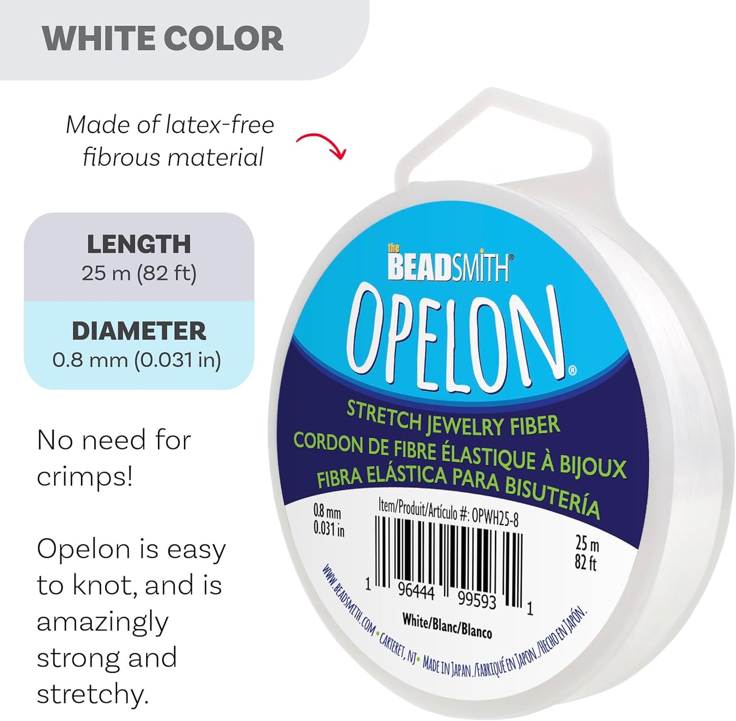 The Beadsmith Opelon Stretch Cord – Elastic Beading Fiber, White, 0.8 mm Diameter, 25 Meters (82 ft) Spool