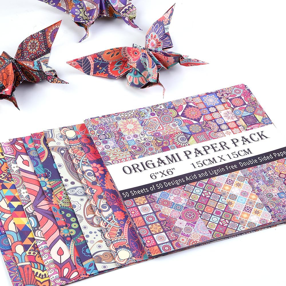 Origami Paper Kit 50 Sheets 70GSM 6 Inch Square Double Sided Color 50 Vivid Japanese Washi Chiyo Colors for Hand Crafts Origami Paper Arts Creativity.Ethnic Style