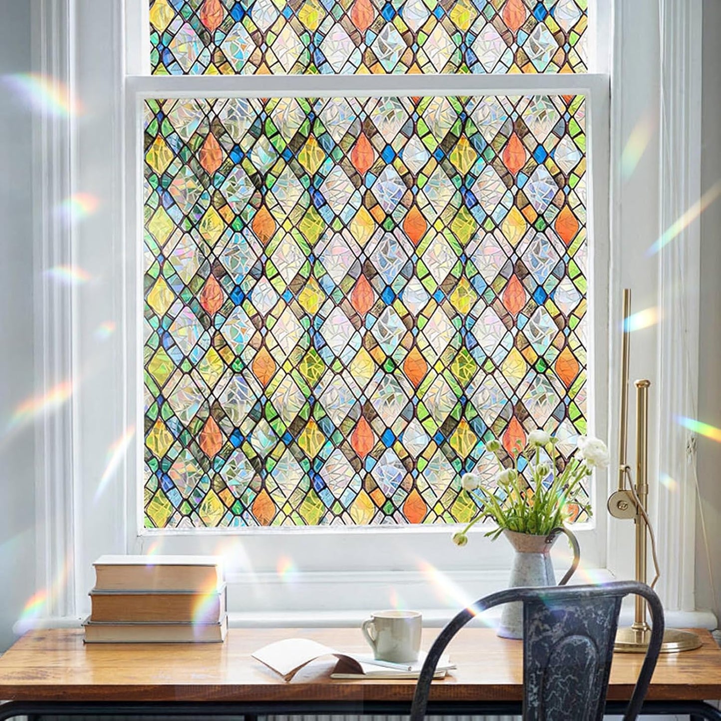 Window Privacy Film Rainbow Film Stained Glass 3D Static Cling Decorative Window Sticker for Bathroom,Front Door,Home Heat Control UV Blocking Non Adhesive,Diamond Grid 35.4 x 78.7inches