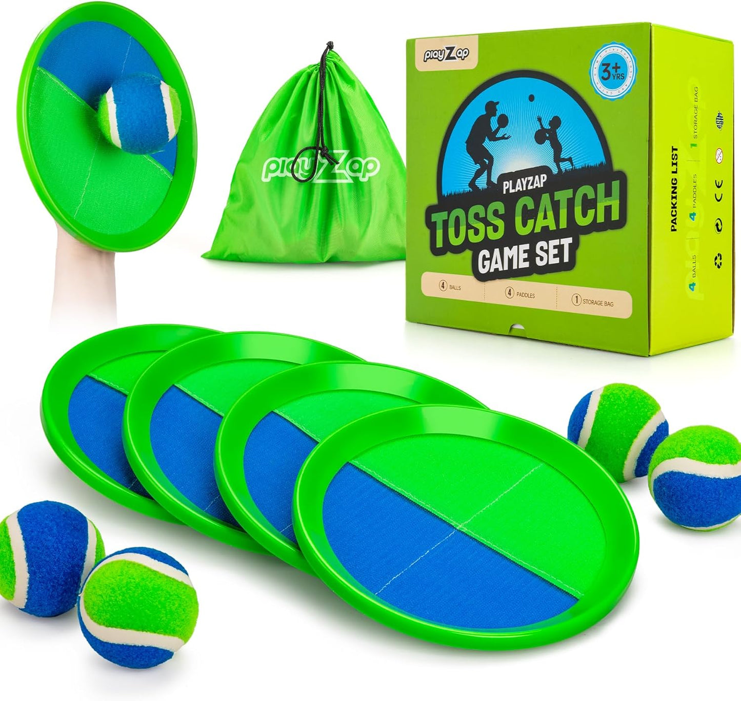 PlayZap Toss and Catch Ball Set Upgraded - Kids Baseball Toys Sturdy PVC for Family Games - Water-Resistant Great for Beach Pool Yard Outdoor - Gift for 3 4 5 6 7 8 9 10 11 12+ Years Old Boys Girls