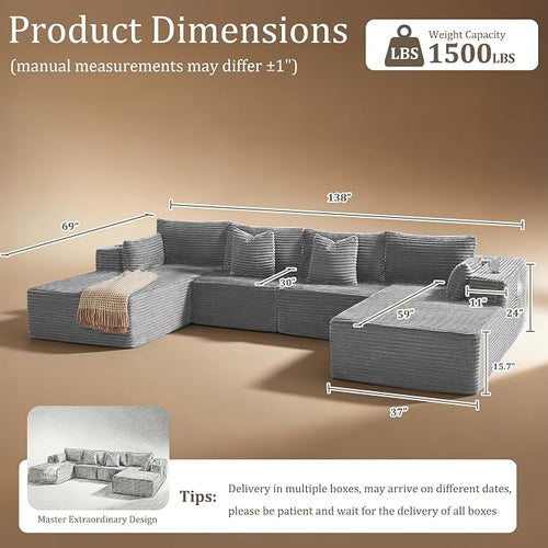 138" Cloud Sectional Couch, Comfort U Shaped Sofa - Image 2