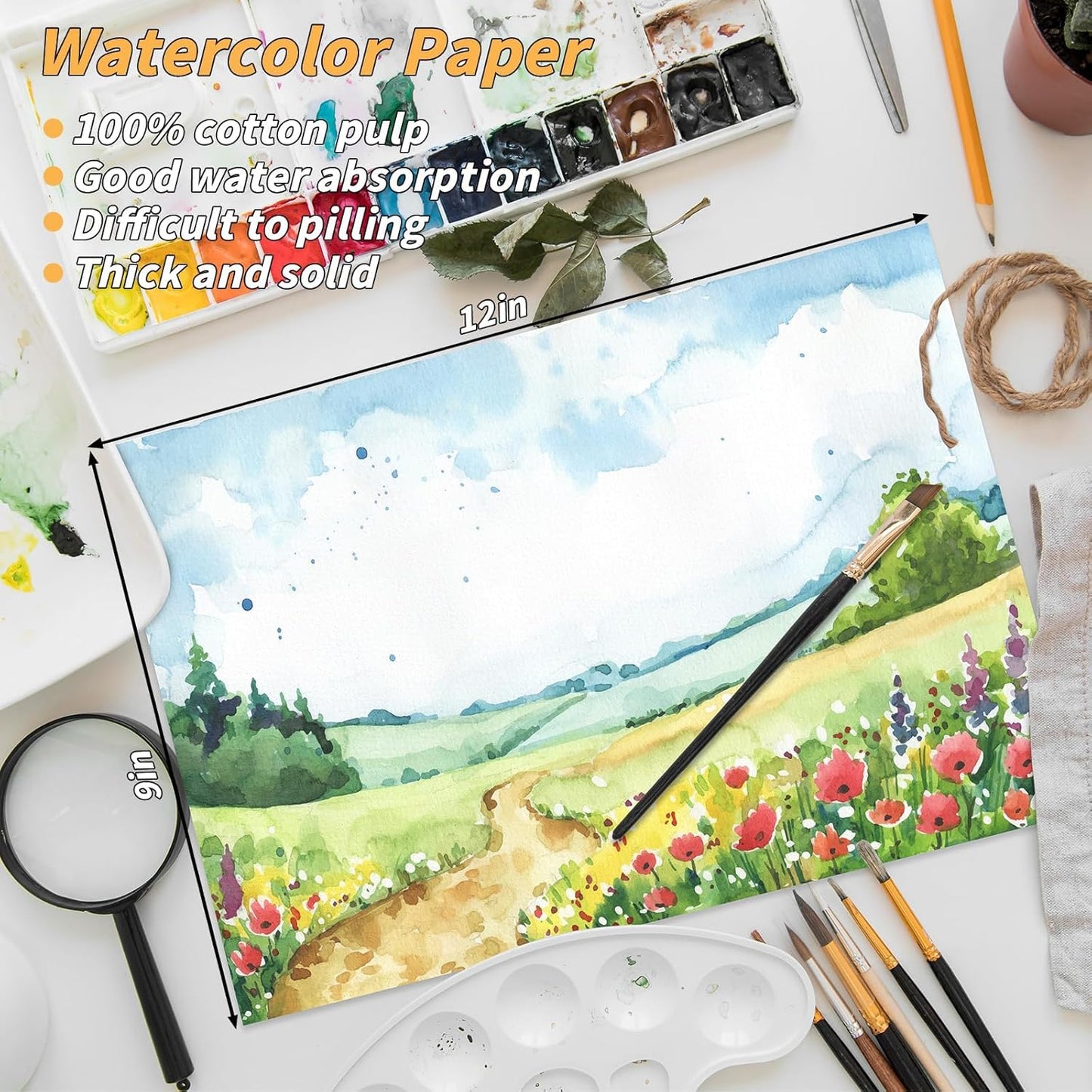 150 Sheets 100% Cotton Watercolor Paper Bulk -140LB/300GSM Art Paper-9 x 12 inch Painting & Craft Paper, Finger Paints, Watercolor, Tempera, Drawing, Art Room & Home School Crafts