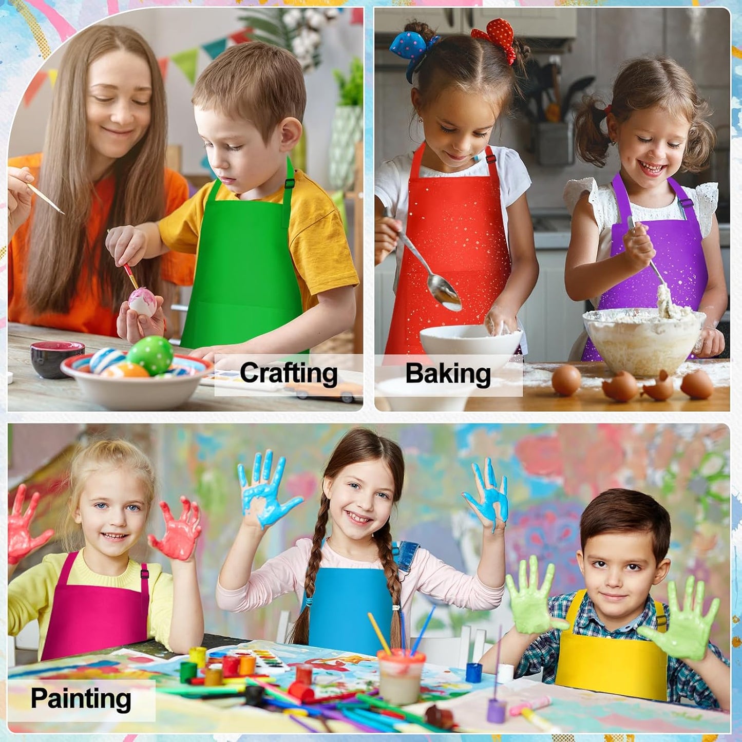 PLULON 6 Pcs Kids Apron Set Adjustable Children Art Apron with 2 Pockets Artist Apron Bulk for Baking Painting Cooking Activity - 6 Colors
