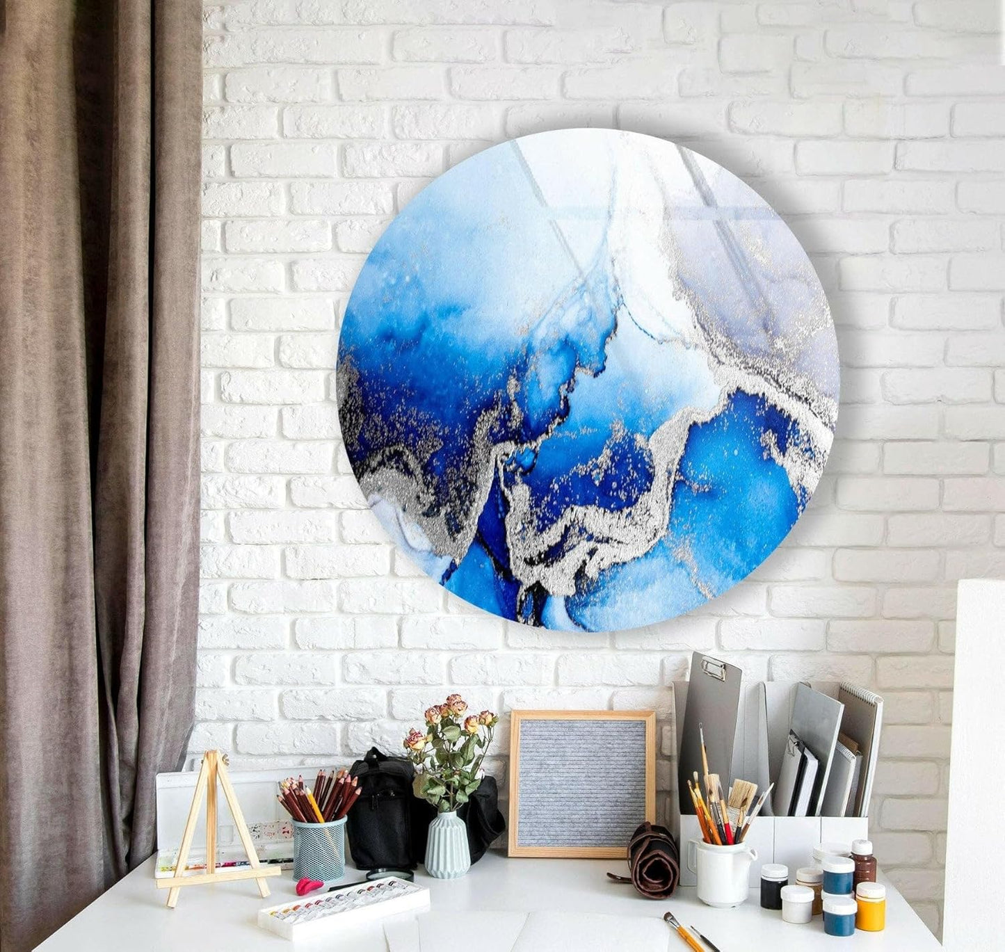 My Photostation.com 15.8''(40cm) Diameter Blue Marble Round with Silver Details Glass Wall Art Tempered Glass Printing Wall Decor Large Wall Art Wall Hangings