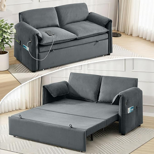 63" Velvet 3 in 1 Convertible Sleeper Sofa Bed, Pull Out Couch Bed Loveseat by UMBFUN