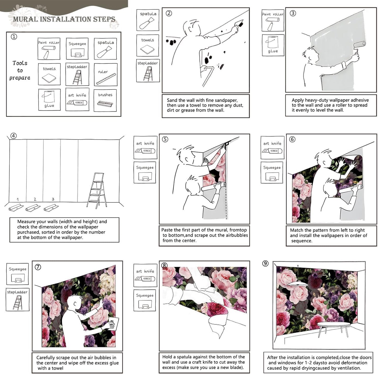 AFZEVEB-Black Watercolor Purple Peony Flower Wallpaper Wall murals for Bedroom 114"x74"(Not Peel and Stick)