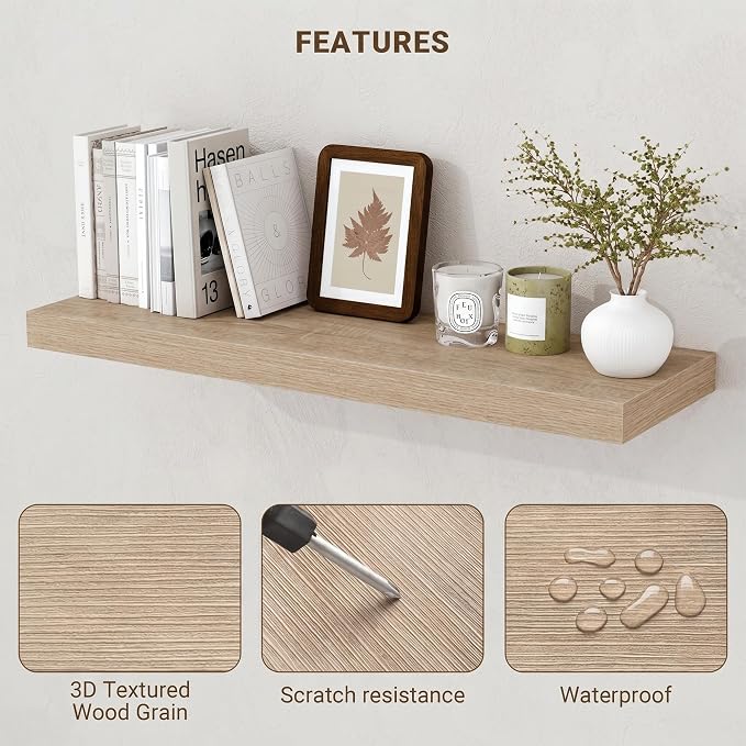 Acovy 36 Inch Floating Shelves, 3D Textured Wood Grain, Wooden Shelves - Image 5