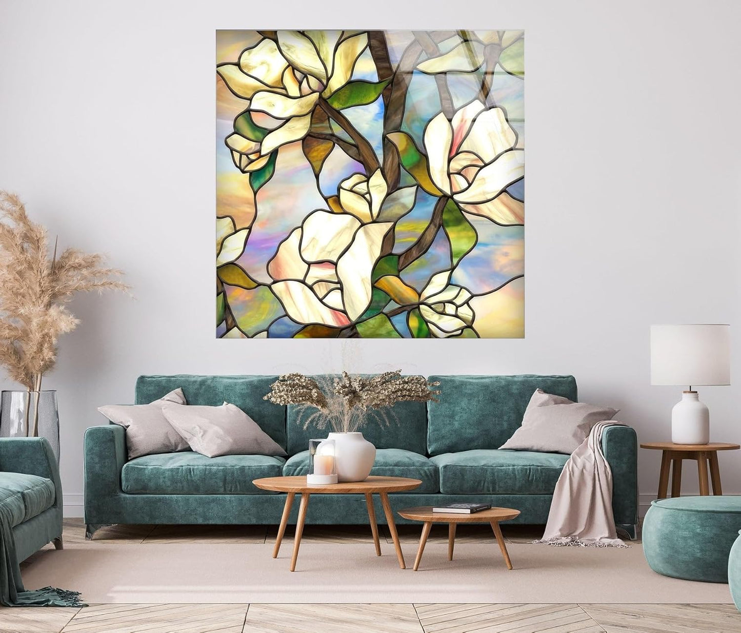 My Photostation.com 32Wx48H'' Stained Magnolia Glass Wall Art Tempered Glass Printing Wall Decor Large Wall Art Wall Hangings