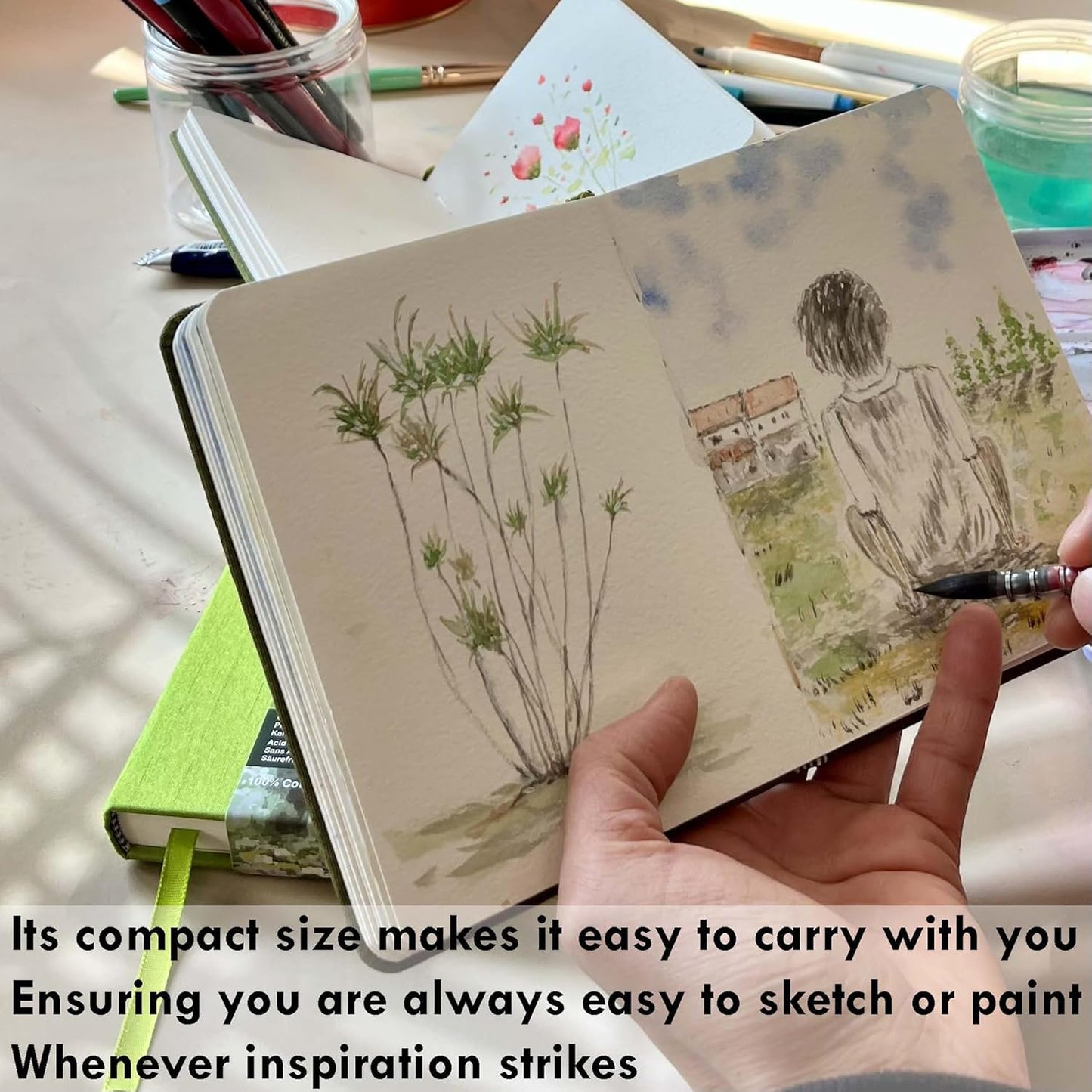 tumuarta Watercolor Sketchbook, 7.5x5, 140 LB, 300GSM, 100% Cotton Paper, Cold Press, 24 Sheets,48 Pages, Watercolor Journal for Use As Travel Sketch Book and Mixed Media Pad On The Go