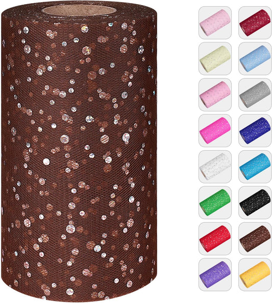 Glitter Tulle Rolls, 6' by 50 Yards (150FT) Sequin Tulle Netting Fabric for Tutu Skirts Sewing Birthday Wedding Party Decoration (Brown)