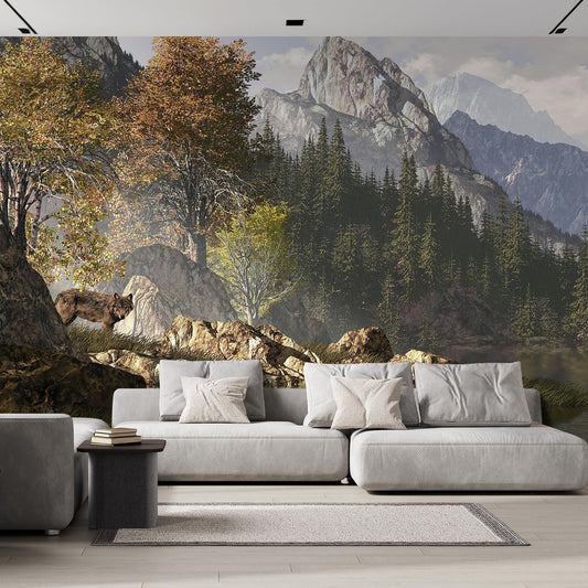 wall26 - Wolf Near a Lake in a Rocky Mountain Landscape. - Removable Wall Mural | Self-Adhesive Large Wallpaper - 66x96 inches