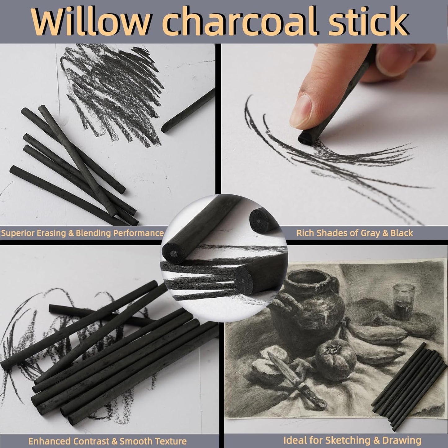 25 PCS Willow Charcoal Sticks, Ideal for Artists, Beginners, Students, Perfect for Sketching, Drawing, Shading, and Fine Art, 5.7 Inches Long, 2-4,4-5,5-7,7-9 (5-7)