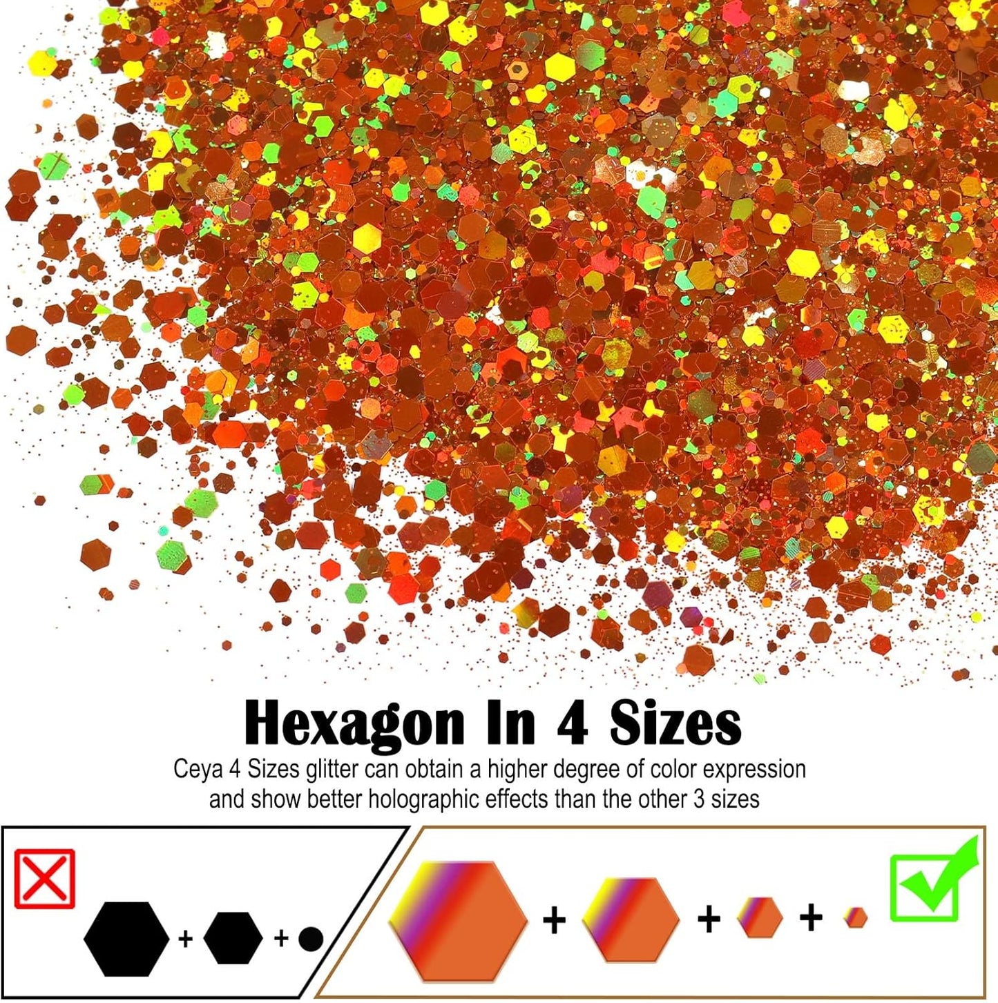 Ceya Holographic Chunky Glitter, 1 LB/ 16OZ Laser Orange Bulk Craft Glitter Mixed Chunky Fine Glitter Bottled Metallic Flake Nail Sequins for Resin, Tumblers, Scrapbooking, Festival Decor, Art Project