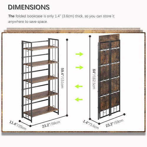 4NM No Assembly 5 Tiers Folding Bookshelf, 59.4" H Foldable Storage Shelves - Image 2