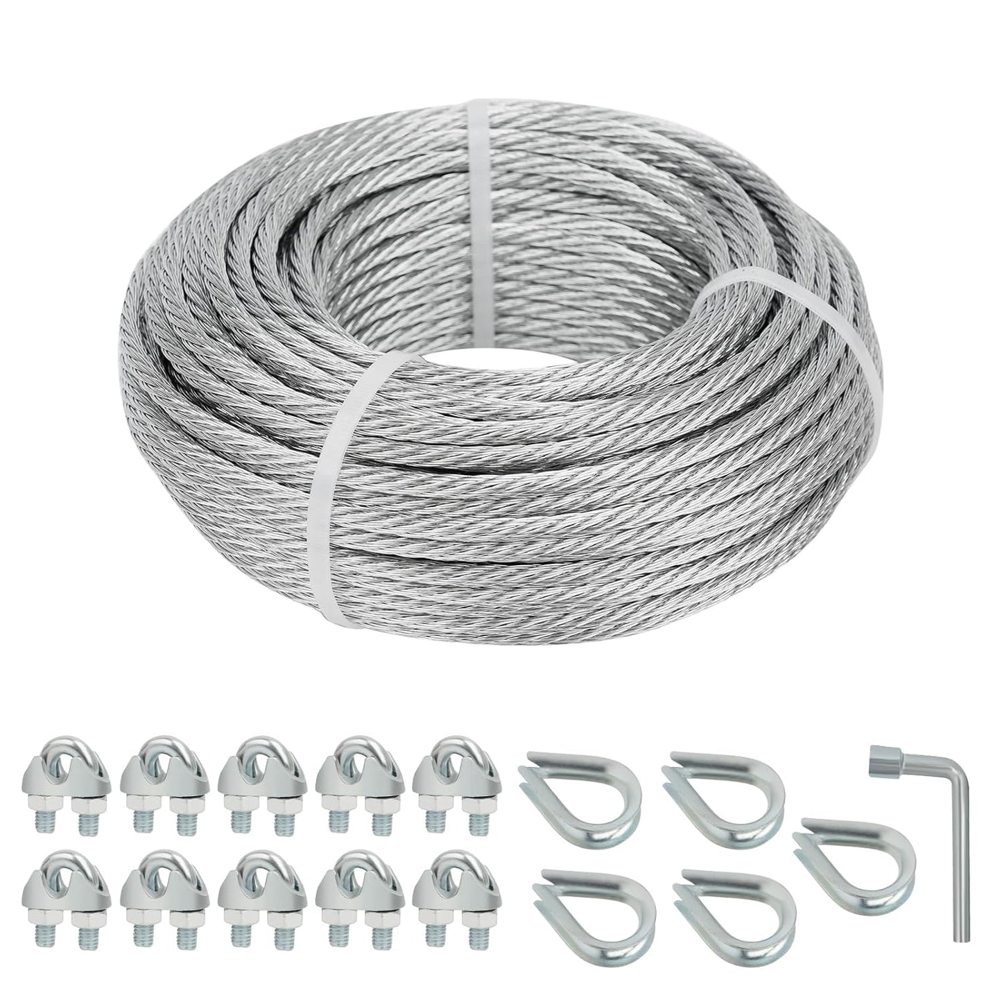 Galvanized Steel Wire Rope Cable, 3/16” Galvanized Steel Cable with Rope Clamp and Thimble, 7X7 Strand Core Aircraft Cable Used for Anchored Shed, Fencing, Sunshade, Clothesline (50ft)