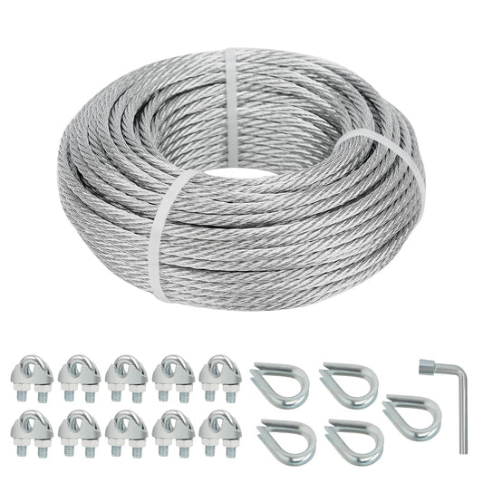 Galvanized Steel Wire Rope Cable, 3/16” Galvanized Steel Cable with Rope Clamp and Thimble, 7X7 Strand Core Aircraft Cable Used for Anchored Shed, Fencing, Sunshade, Clothesline (50ft)