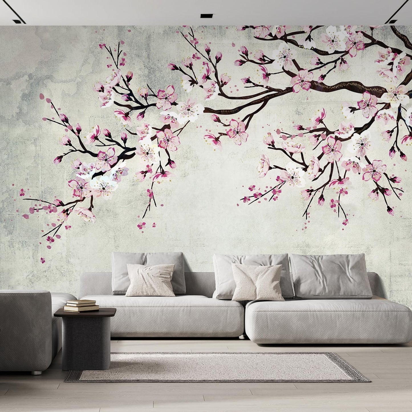 wall26 Wall Sticker/Wall Mural Watercolor Style Ink Painting Pink Cherry Blossom on Vintage, Not Peel and Stick, Non-Woven Wallpaper Decorative for Bedroom, Living Room, Office - 96x120 inches