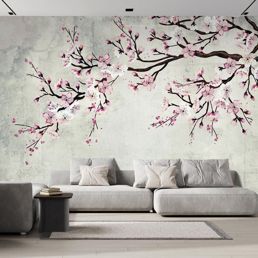 wall26 - Large Wall Mural - Watercolor Style Ink Painting Pink Cherry Blossom on Vintage Wall Background | Self-Adhesive Vinyl Wallpaper/Removable Modern Wall Decor - 100x144 inches