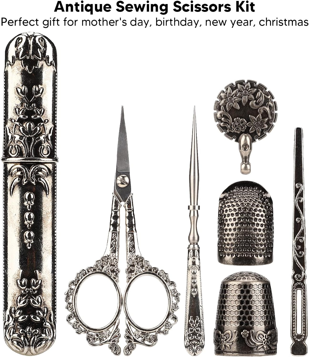 Vintage Embroidery Scissors Set, Comfortable Handle, Stainless Steel, Antique Design, Complete Sewing Kit for Embroidery, Needlework, with Thimble, Threader, and Needle Case