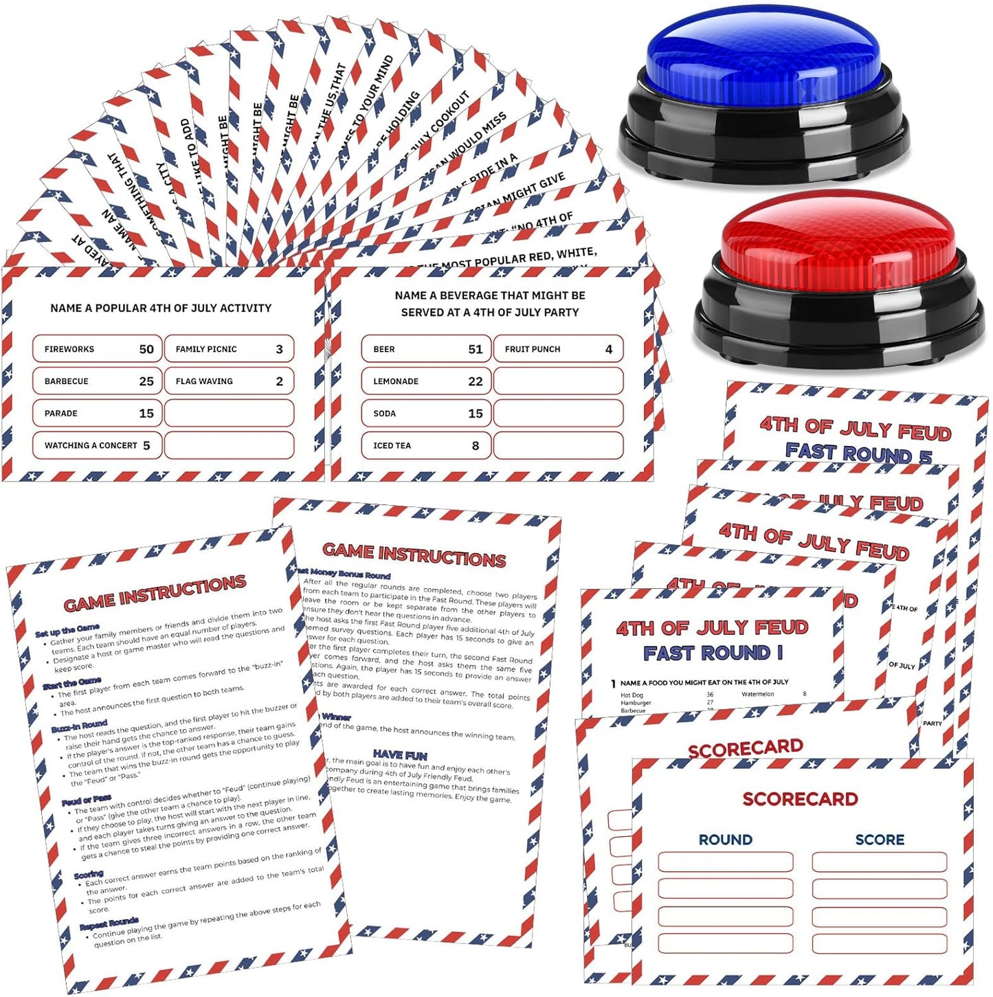 4th of July Friendly Feud Game with 2 Answer Buzzers, Independence Day Feud Cards for Family Game Night Fun Trivia Quiz for Party Office Class Groups Team Building (Red White Blue, Patriotic)