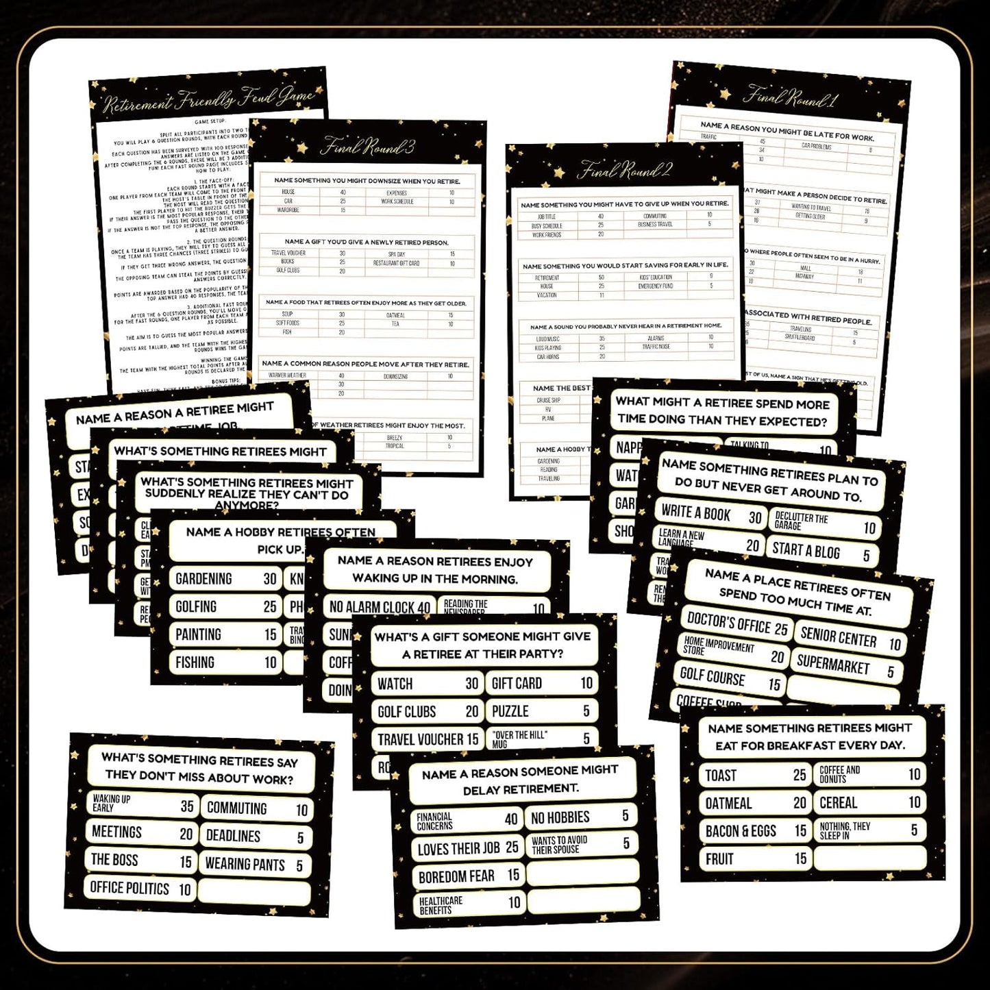 20 Pcs Retirement Friendly Feud Game Set Retirement Party Game Trivia Quiz with 18 Card 2 Buzzer for Adults Family Games Activities Party Supplies, Battery Not Included