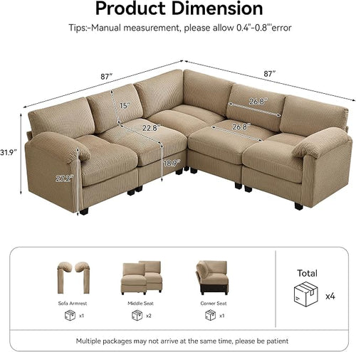 87'' V-Shaped Sectional Sofa Couch, 5-Seater Modular Couches - Image 2