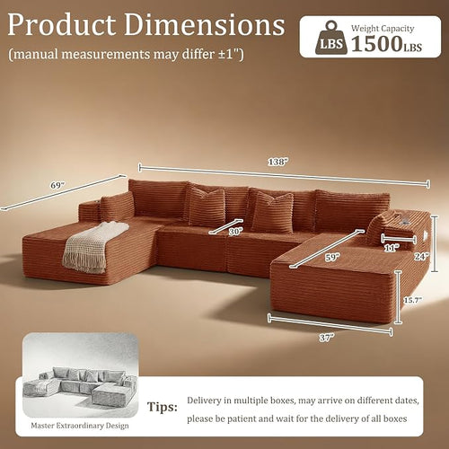 138" Cloud Sectional Couch, Comfort U Shaped Sofa - Image 2