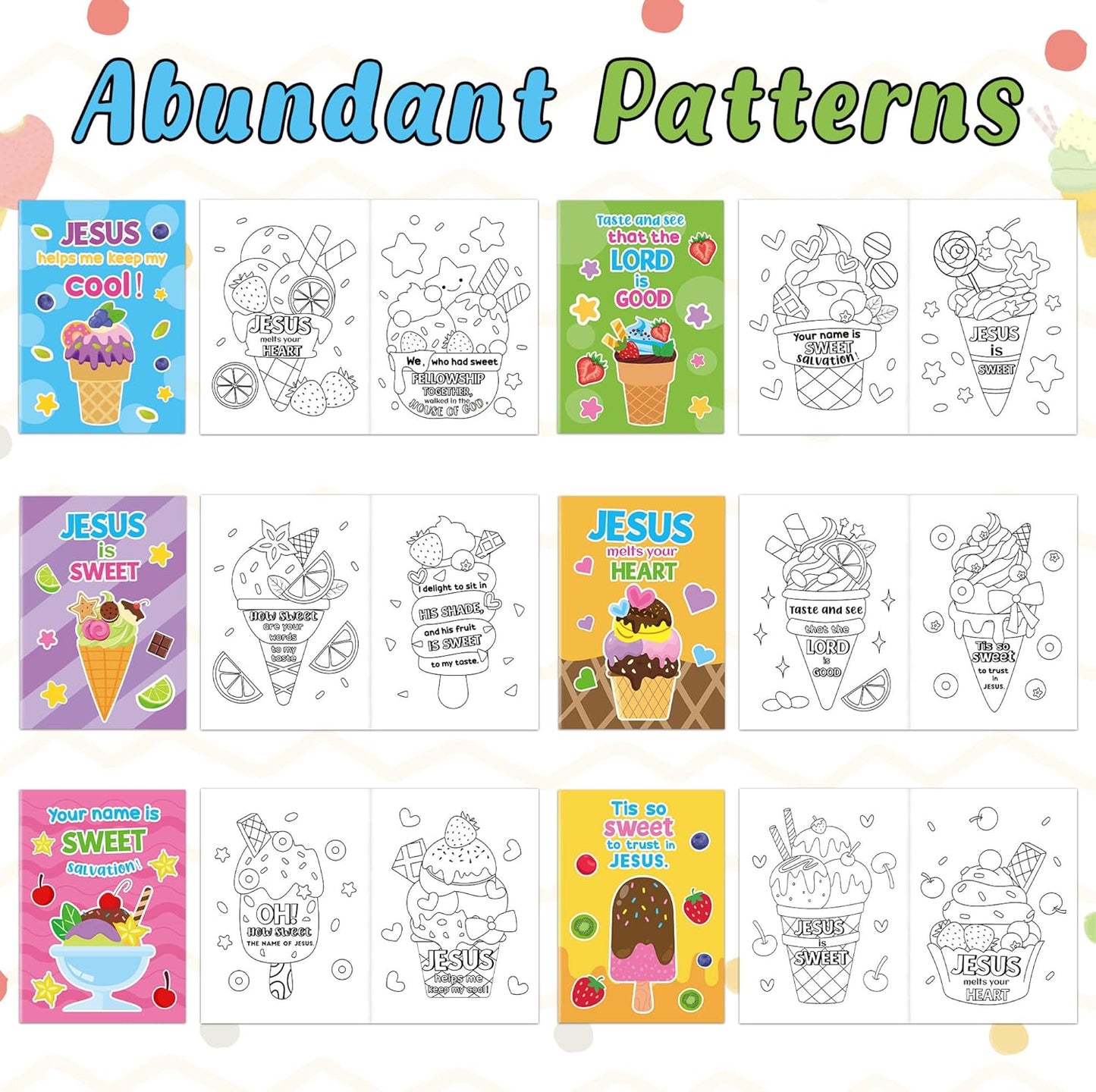 JAPBOR Ice Cream Coloring Books - 24PCS Mini Summer Religious Color Book Bulk for Kids Party Favors, Christian Jesus Small Colour Pages for Sunday School Class Drawing Painting Games Goodie Bag Filler
