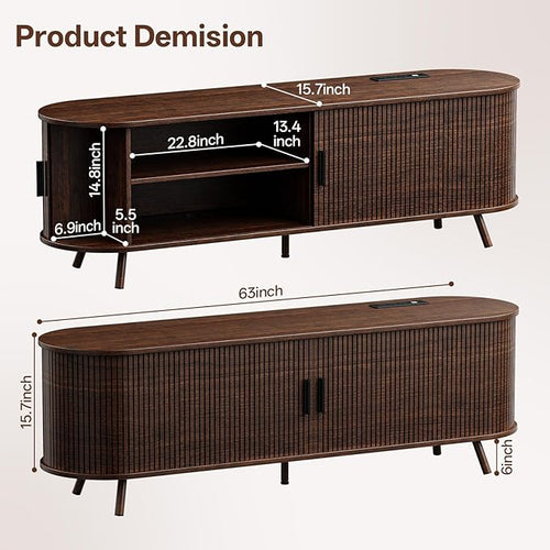 63 inch TV Stand with Power Outlet, Fluted Entertainment Center - Image 2