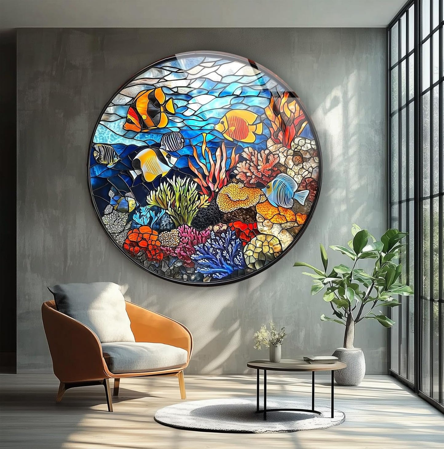 My Photostation.com 15.8''(40cm) Diameter Coral Reef Mosaic Round Glass Wall Art Tempered Glass Printing Wall Decor Large Wall Art Wall Hangings