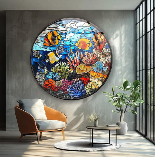 My Photostation.com 15.8''(40cm) Diameter Coral Reef Mosaic Round Glass Wall Art Tempered Glass Printing Wall Decor Large Wall Art Wall Hangings