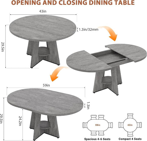 43''–59'' Extendable Dining Table, Round Kitchen Dining Room Dinner Table - Image 2