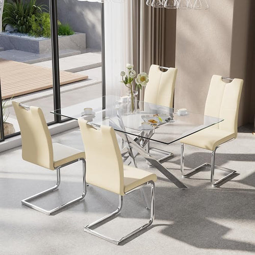 5-Piece Dining Table Set for 4, Modern Rectangular Glass Table by KATBOCFurniture