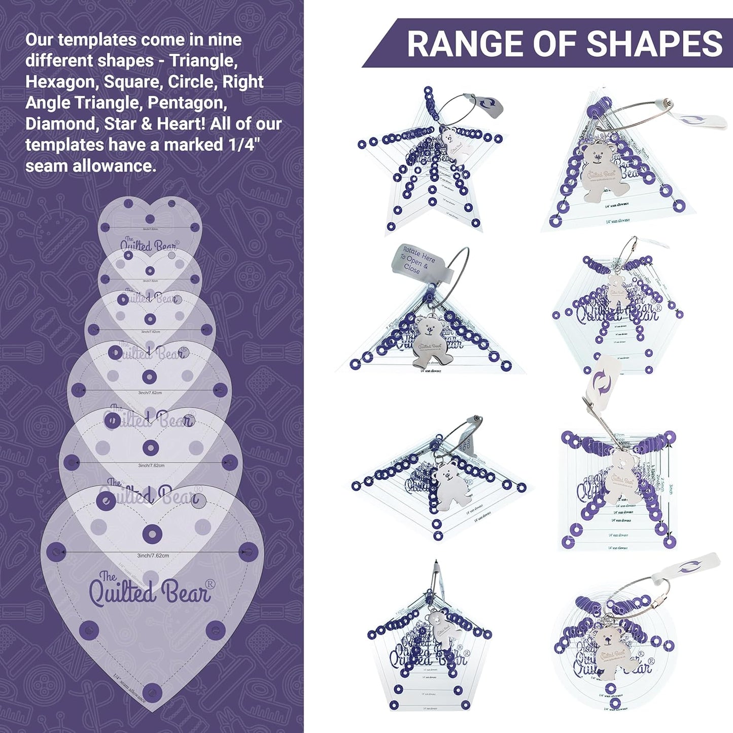 The Quilted Bear Heart Quilting Templates – 8 Clear Non-Slip Acrylic Quilt Templates for Precise Fabric Cutting & Stress-Free Machine Quilting - Ideal for Quilt & Sewing Supplies (¾–3")
