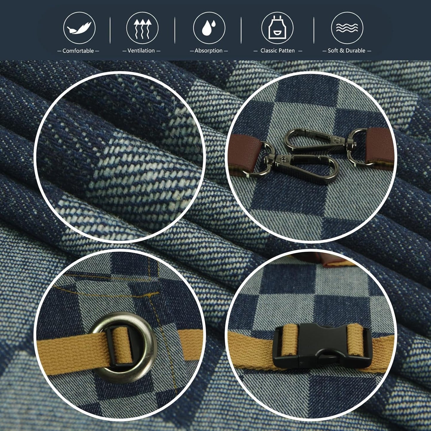 Kitchen Apron, Work Apron, Canvas, Multiple Pockets, Gardening, Painting, BBQ, Artist, Carpenter, Sizes M to XXL, Checkered Denim