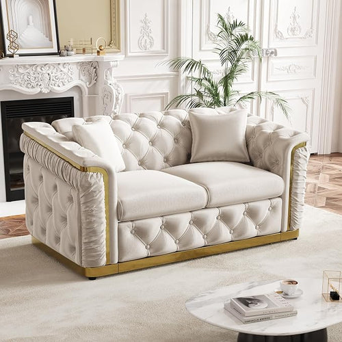 62.2" Luxury Velvet Chesterfield Sofa Tufted Victorian Black and Gold Couch by Nolohoo
