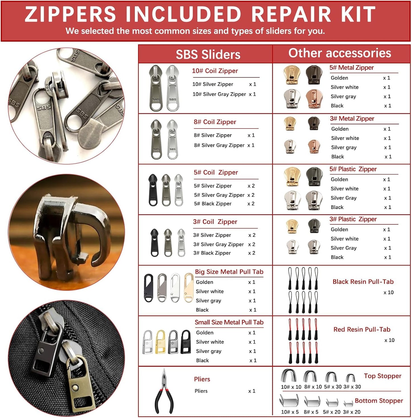 Zipper Repair Kit (188 Pcs) - Universal Fixer for Luggage, Backpacks, Jackets, Coats & Boots Includes #3#5#8#10 Sliders, Zipper Pull Replacement, Stops & Repair Tool（Non-YKK Compatible）