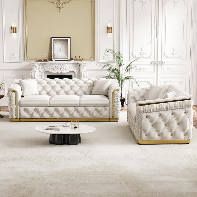 Luxury Chesterfield Sofa Set of 2, Velvet Tufted Couch Victorian Black and Gold - Image 8