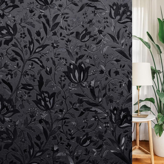 LEMON CLOUD Total Blackout Window Film Privacy Static Cling Frosted Black Window Covering 100% Opaque Film Tint Darkening Removable Film for High Privacy，(Blackout Tulip Design,35.4 x78.7 inches)