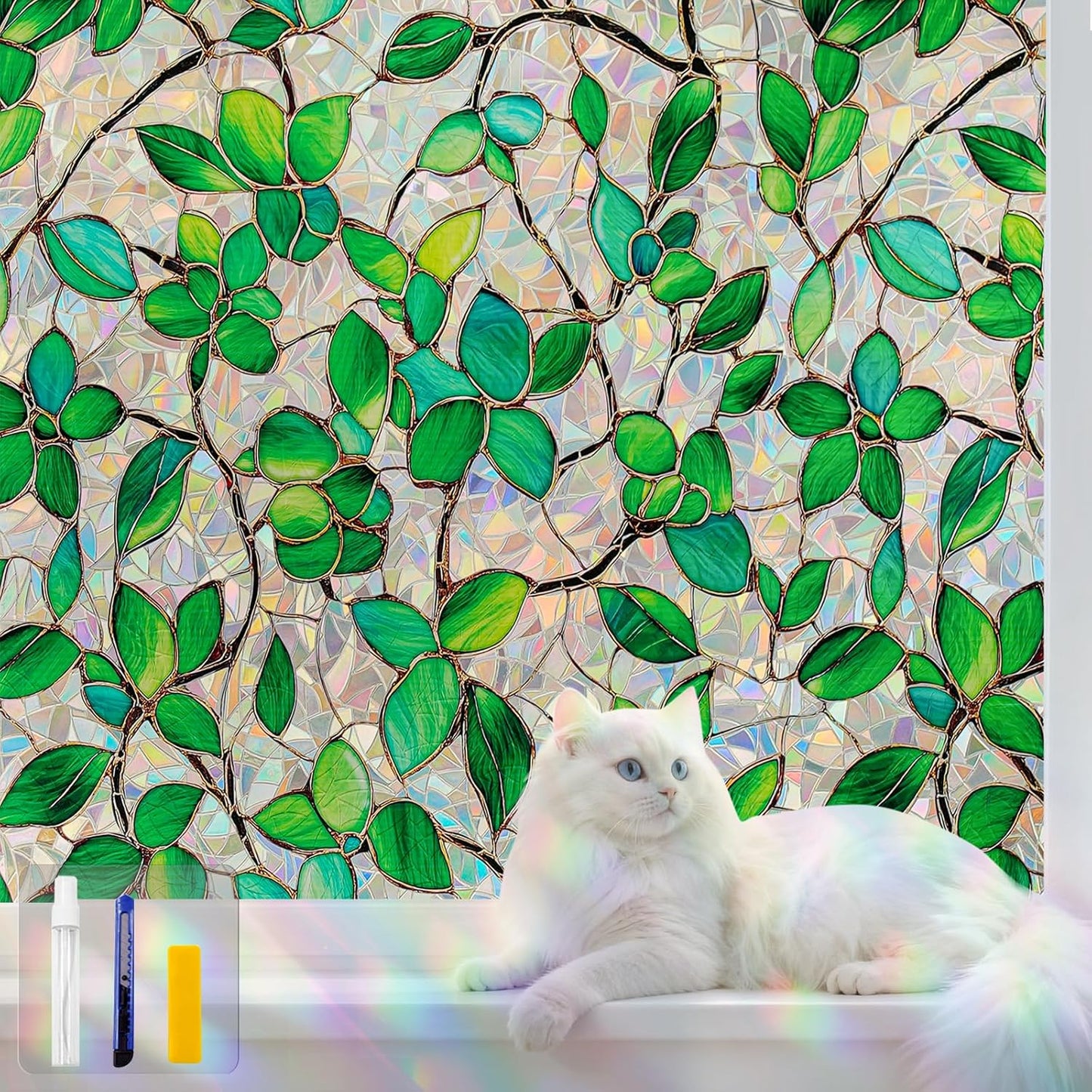 Stained Glass Window Privacy Film Decorative Rainbow Static Clings – Ideal for Home & Office, Adhesive-Free, Removable, UV-Blocking (Green Rainbow, 17.5 X 157.4 in)