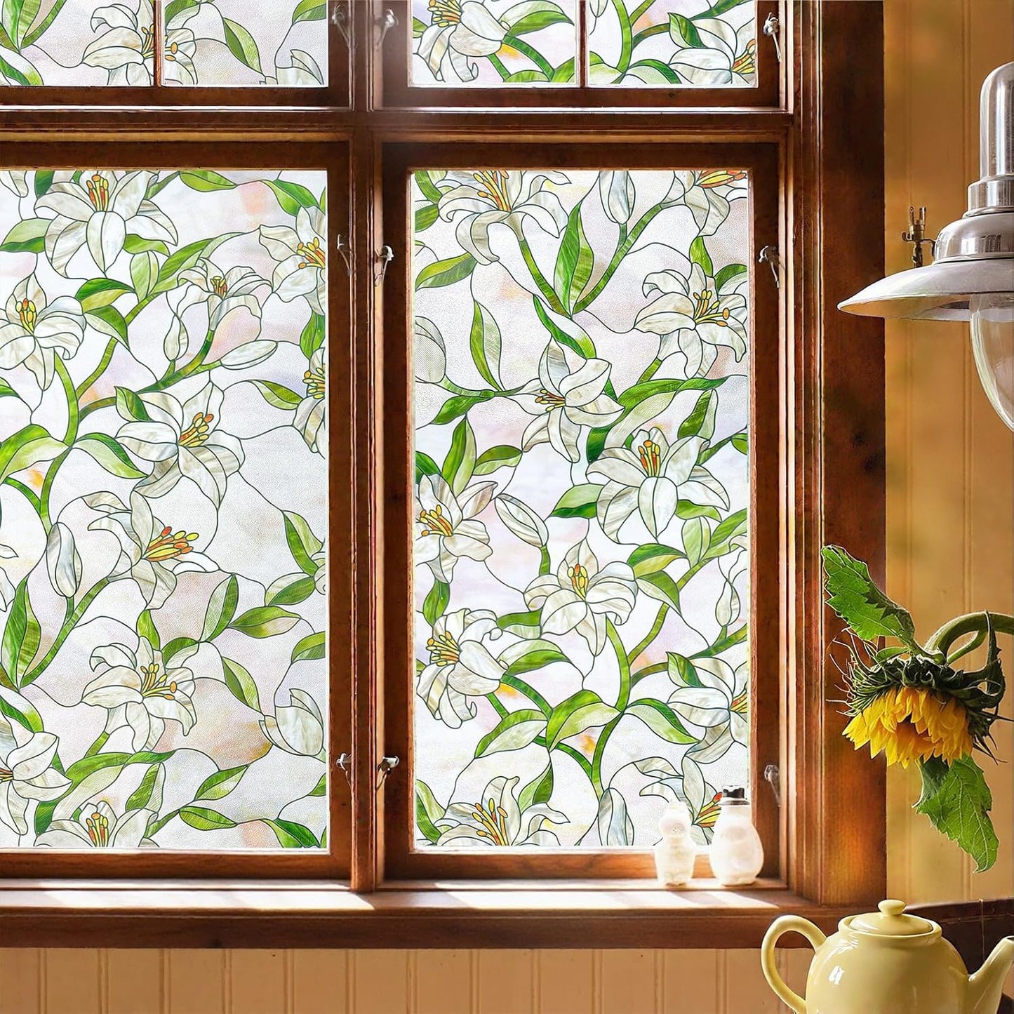 3D Stained Glass Window Film, Decorative Window Privacy Film for Bathroom, Front Door, Home, Sun Blocking Heat Control, Static Cling,White Lily 17.3inch x 47.2inch