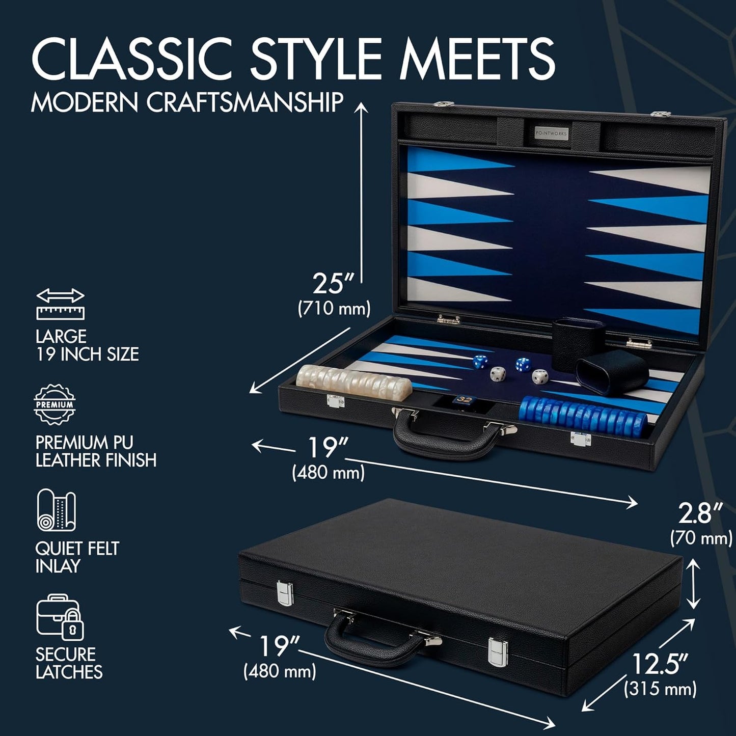 19 Inch Premium Backgammon Sets for Adults Leather Black - Blue. Premium 1.6 Inch Checkers & Dice Set, Travel Backgammon Set, Large, Backgammon Board Game, Backgammon Game Set