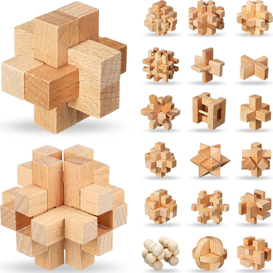 Suzile 20 Pcs Wooden Brain Teaser Puzzles Small 3D Wooden Puzzles Wood Block Puzzle Logic Box Lock Mind IQ Test Removing Assembling for Adults